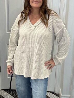 Cream Waffle Knit V-Neck Sweater